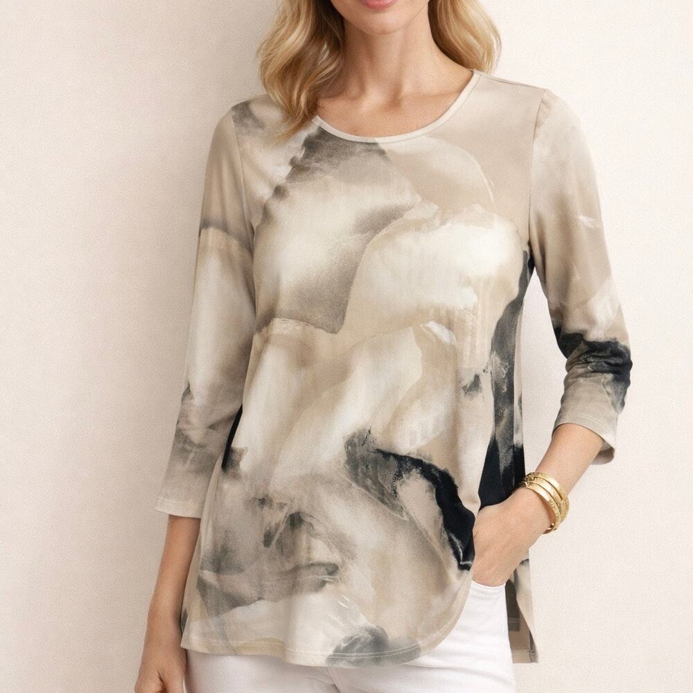 Clara Sun woo Tunic Small Beige Watercolor 3/4 Sleeve Slinky Knit Lagenlook